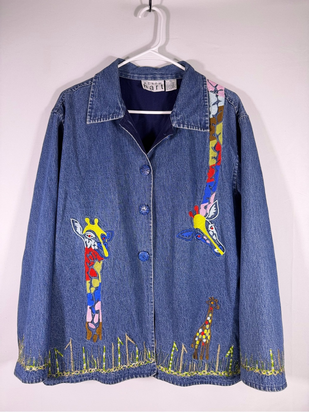 Karen Hart Embroidered Giraffe Denim Jacket Colorful Artsy Boho L